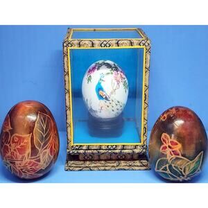 Hand Painted Egg Peacock Floral In Glass Display Box Asian Chinese & 2 Wood Eggs